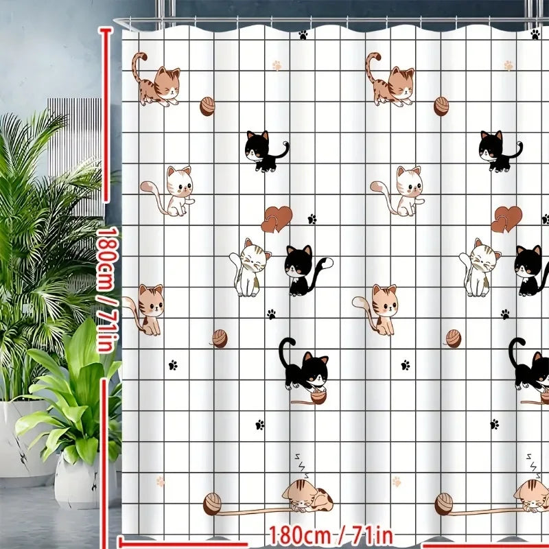 1pc Waterproof Cute Cat Pattern Shower Curtain - Easy Install with Hooks, Durable & Decorative for Any Bathroom