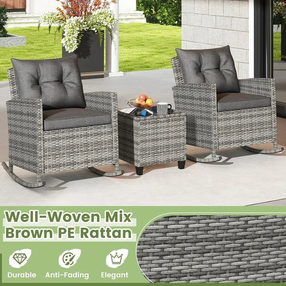 Angduo 3 Piece Patio Rocking Bistro Set Wicker Chairs