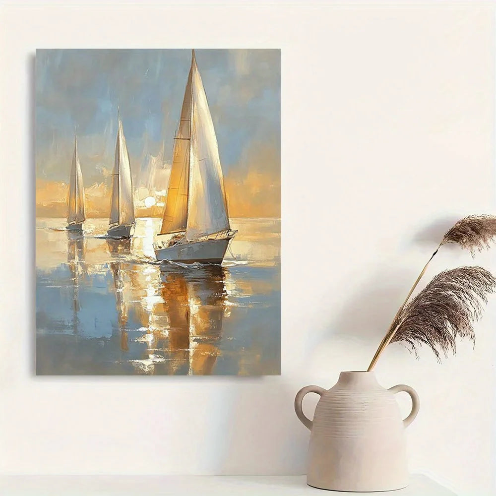 Hign-concerned Sailing Boat At Sea Wood Framed Canvas Art