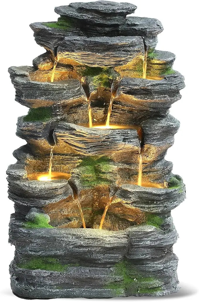 Grepatio Outdoor 7 Tier Cascading Rock Water Fountain Led