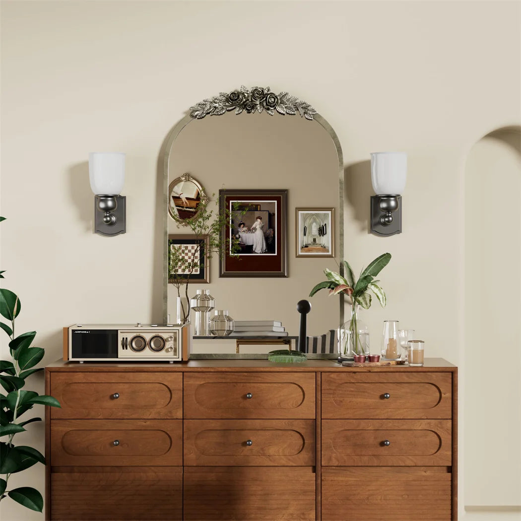 LUVODI Arched Wall Mirror With Resin Rose Pattern Frame