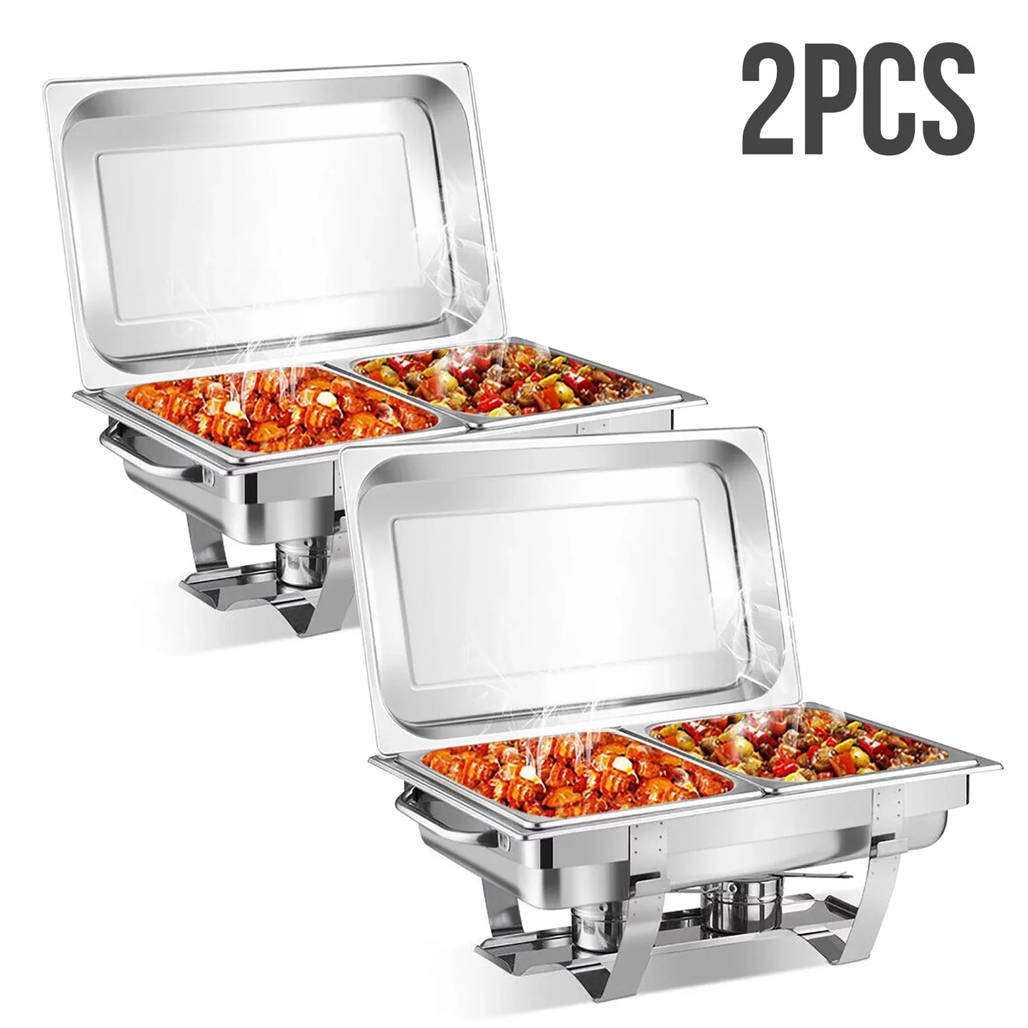 Chafing Dish Buffet Chafer Set 2 Packs 8 Qt. Foldable Rectangular Stainless Steel Chafer Set with 2 Half Size Food Pans