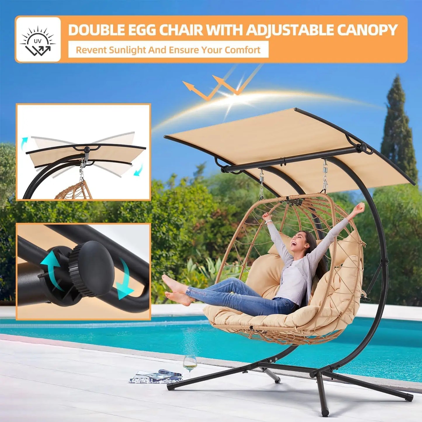 YOLENY Double Egg Chair With Adjustable Canopy Patio Swing