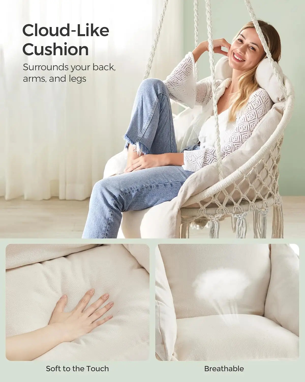 Folded Hanging Chair Hammock With Thick Cushion For Bedroom Patio