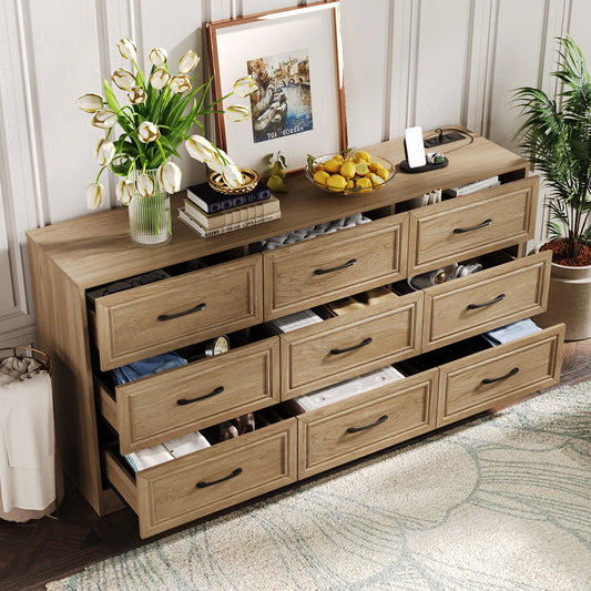 Vabches Wood Dresser for Bedroom 9 Drawer Dresser with Power Outlet&Metal Handles Chest of Drawers Storage Organizer for Hallway