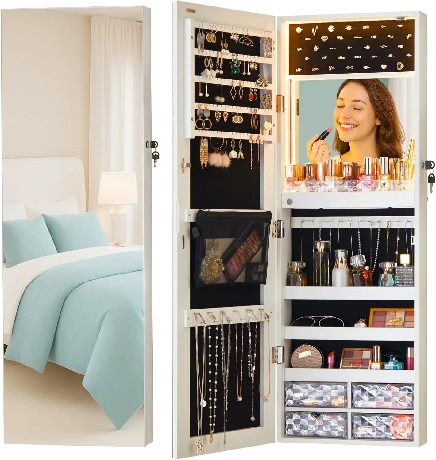 Hign Concerned LED Jewelry Cabinet Mirror With Storage