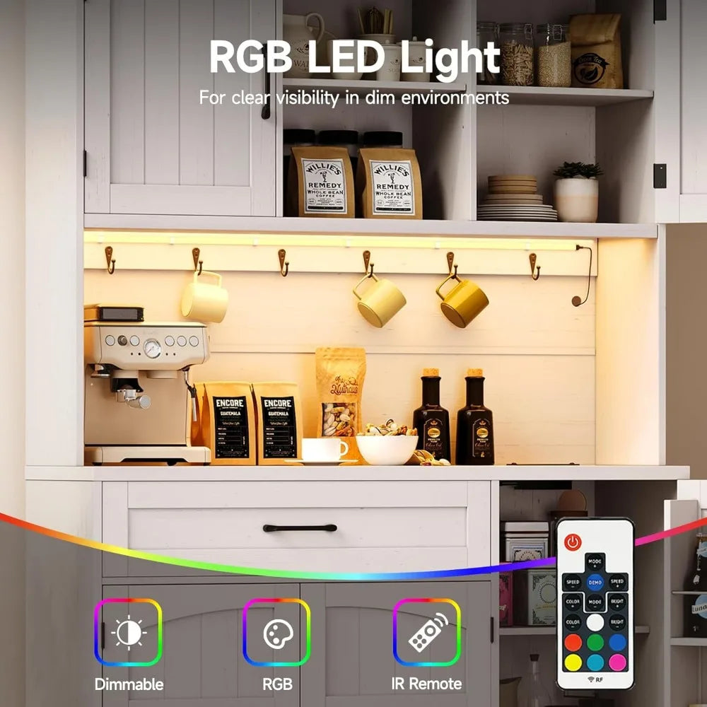 Pantry Cabinet With LED Light Outlet Microwave Shelf