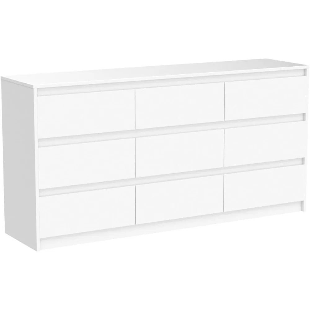 9 Drawers Double Dresser, Modern Wood Dresser Chest of Drawers with Large Storage Space for Bedroom, White (63”L x 15.7”W x 31.