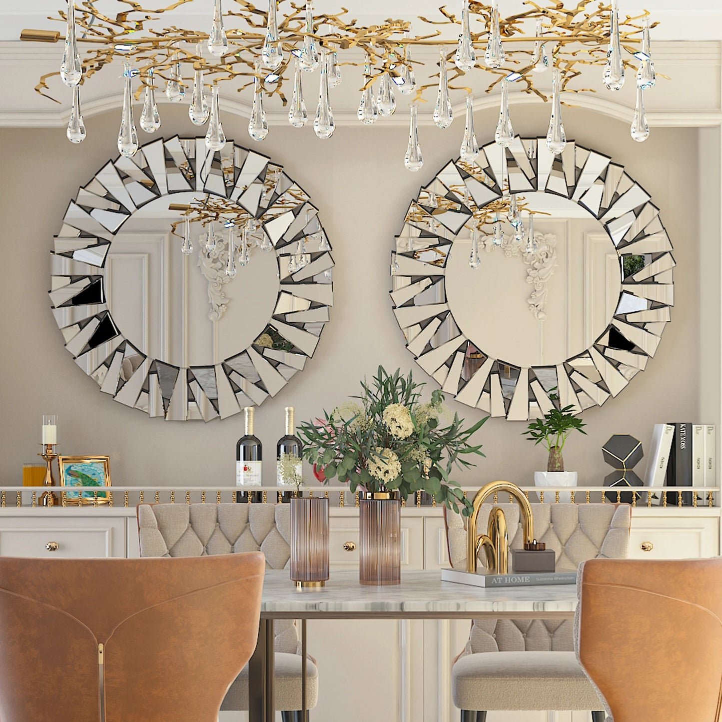WisforHign Sunburst Round Beveled Glass Wall Mirror Decor