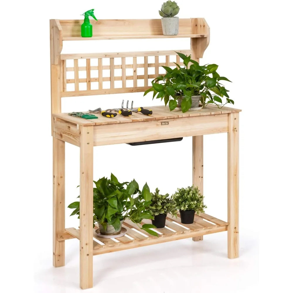 Garden Potting Bench Wood Work Table With Sliding Tabletop