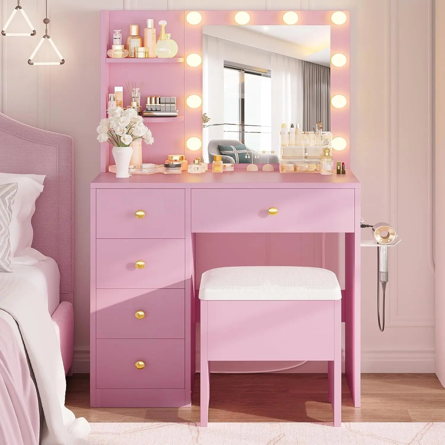 IRONCK Vanity Desk with Mirror and Lights,Small Makeup Vanity Table with 5 Drawers, Dressing Table for Women Girls Bedroom