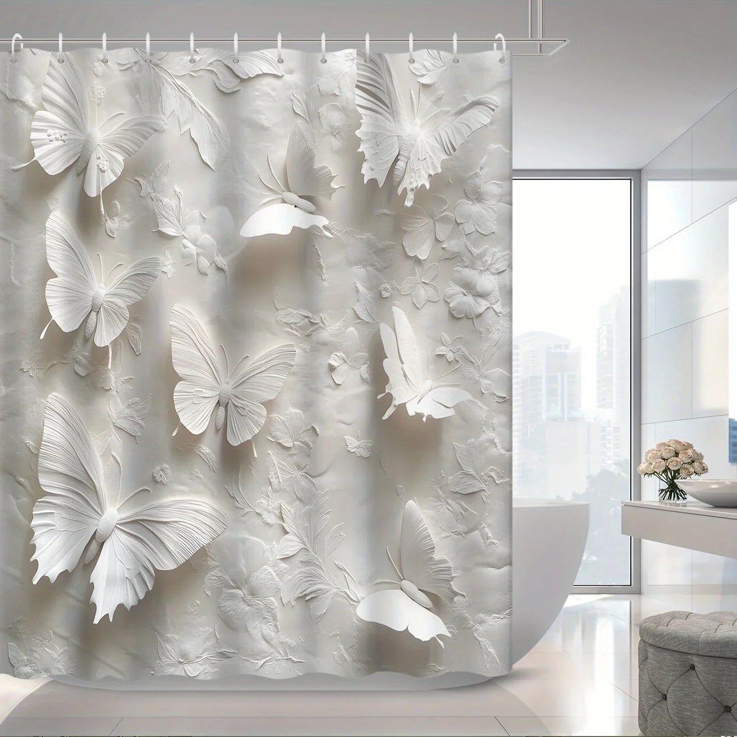 Open 1pc White Theme Modern Butterfly Shower Curtain, Decorative Printed Bath Screen with Hooks Included, Bathroom Accessories