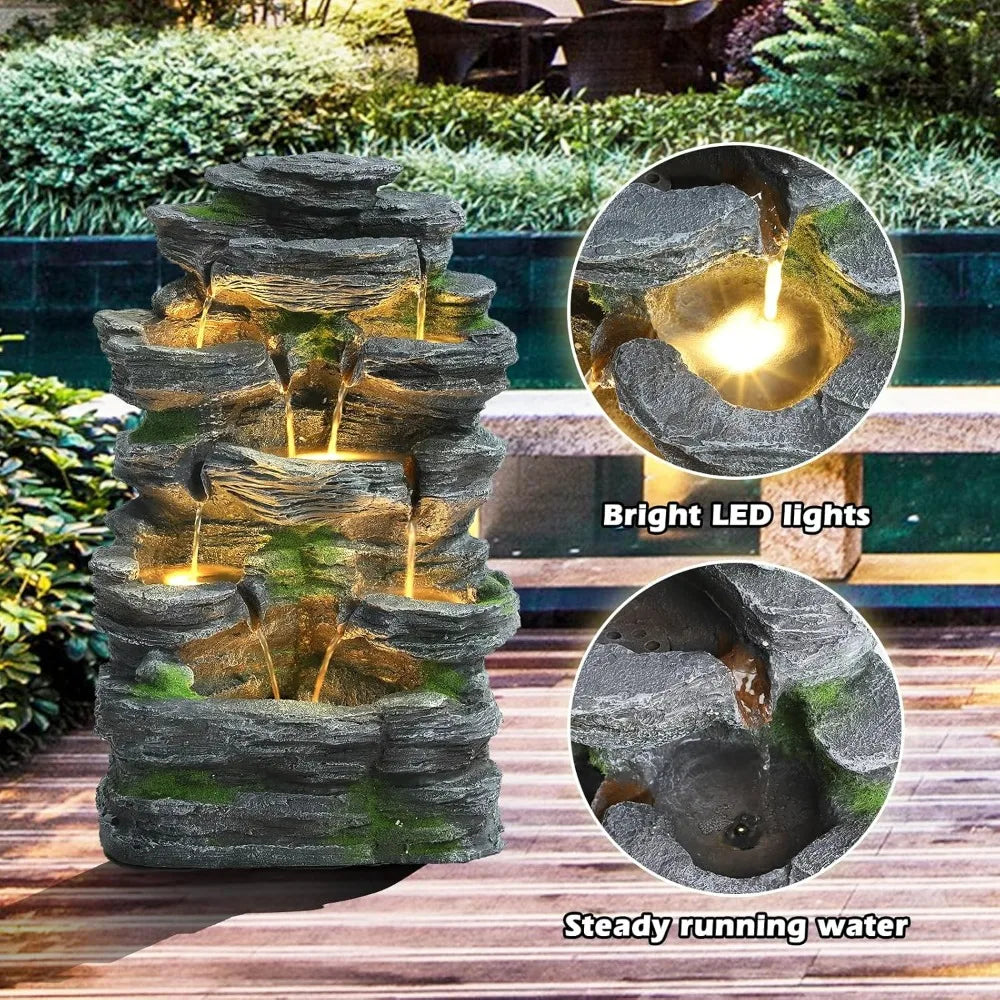 Grepatio Outdoor 7 Tier Cascading Rock Water Fountain Led
