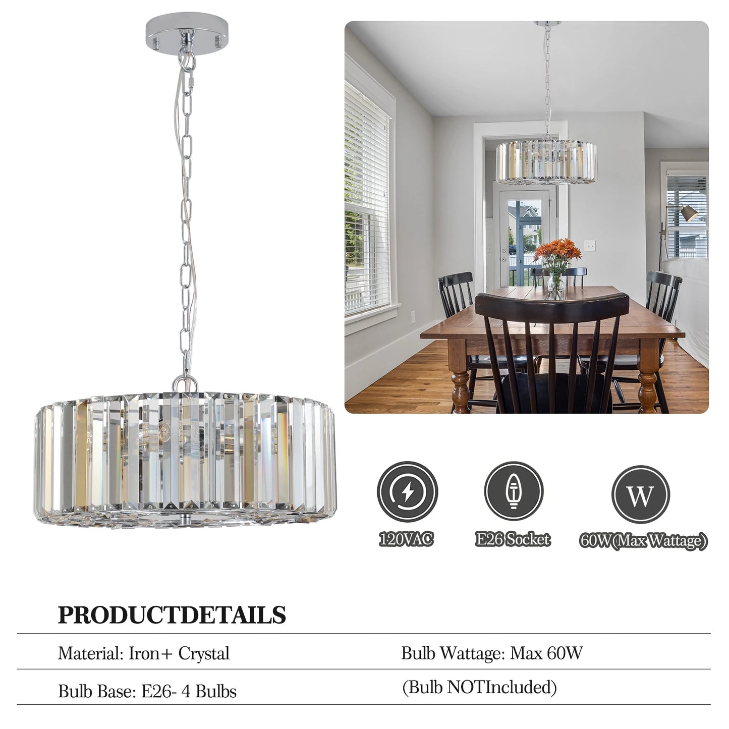 ARLGSITE Four Light Modern K9 Crystal Chandelier Pendant