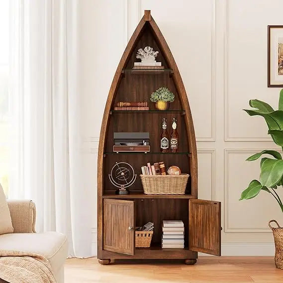 5-Tier Wooden Boat-Shaped Bookcase With Glass Shelves