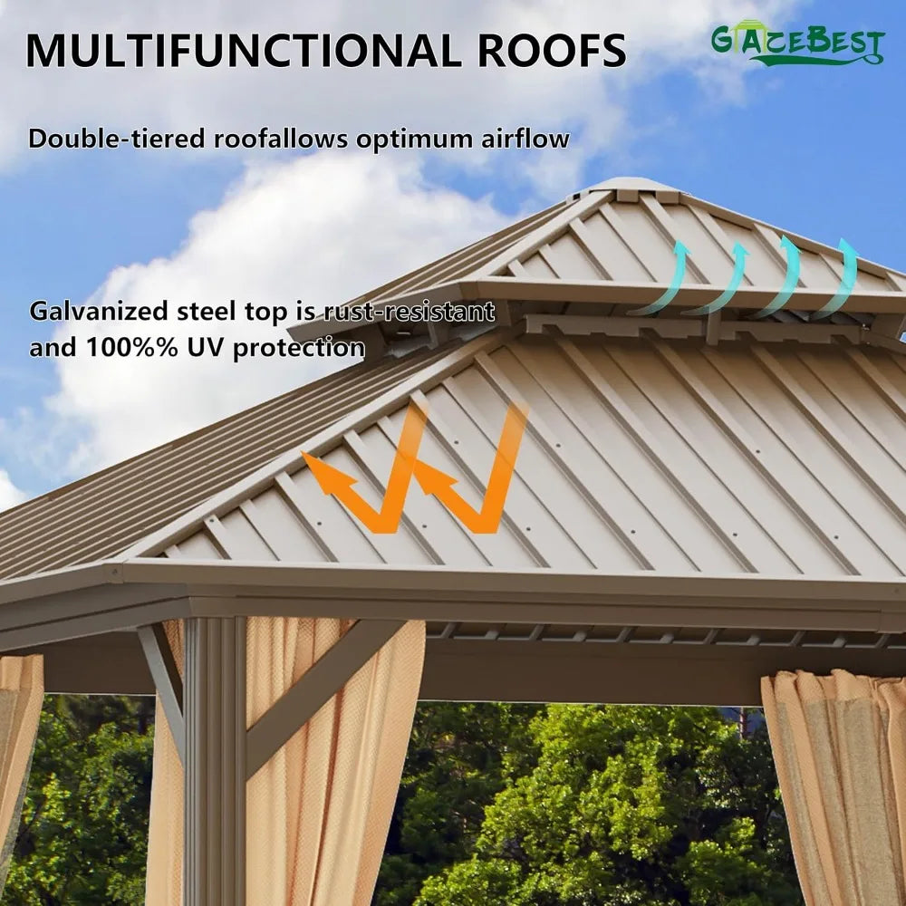 Hardtop Gazebo Aluminum Outdoor Patio With Netting Curtains