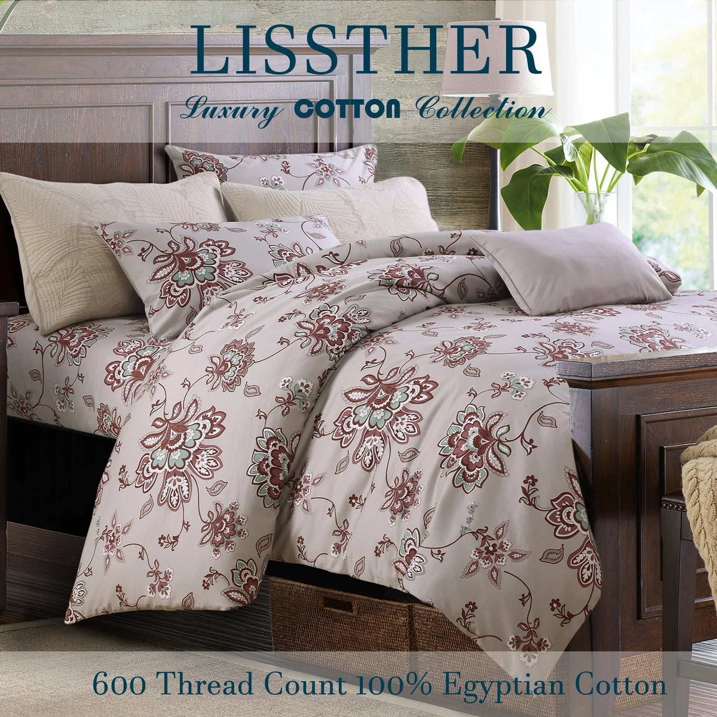 LISSTHERCN 3pc 600TC Egyptian Cotton Duvet Cover Set