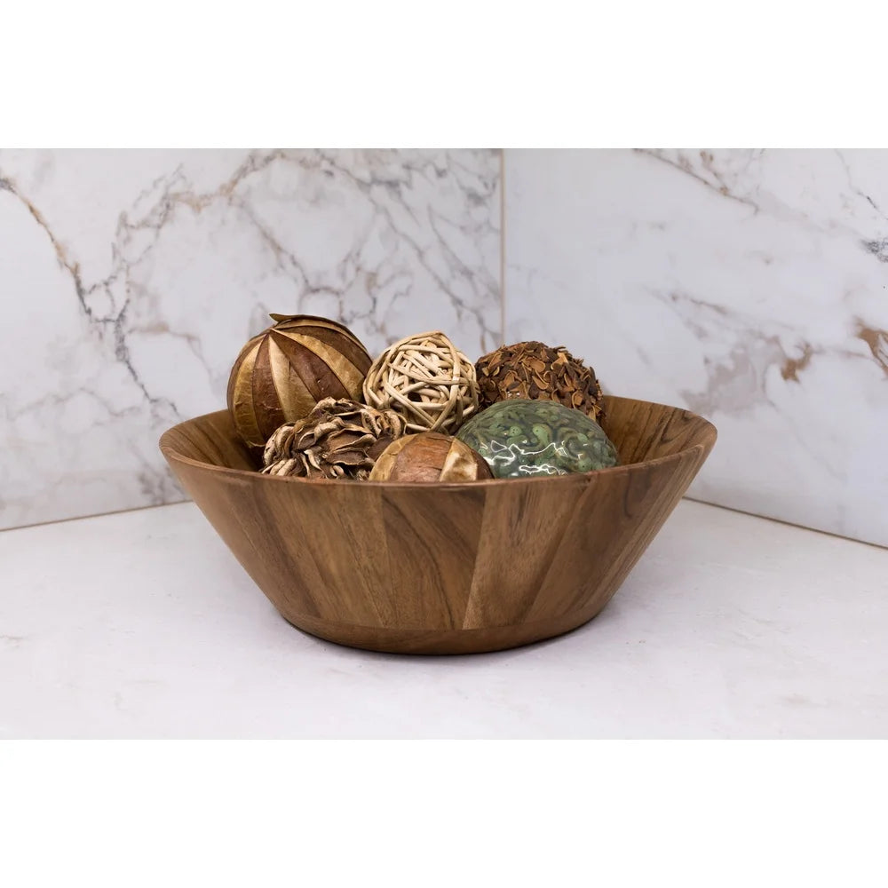 Natural Acacia Wood Large Serving Bowl Angled Design Kitchen Dining Decor Fruit Salad Display Durable Easy Clean Gift Idea