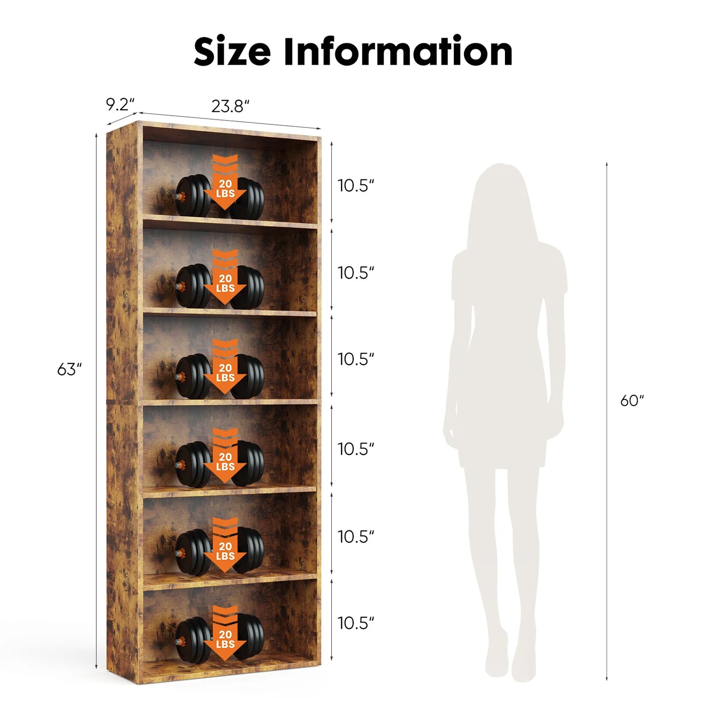 JHK 6 Tier Wooden Bookcase Floor Standing Open Bookshelf