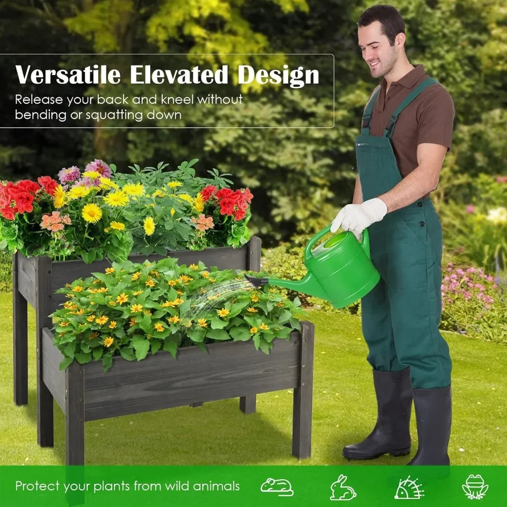 JIAOYING Two Tier Raised Garden Bed Fir Wood Planter