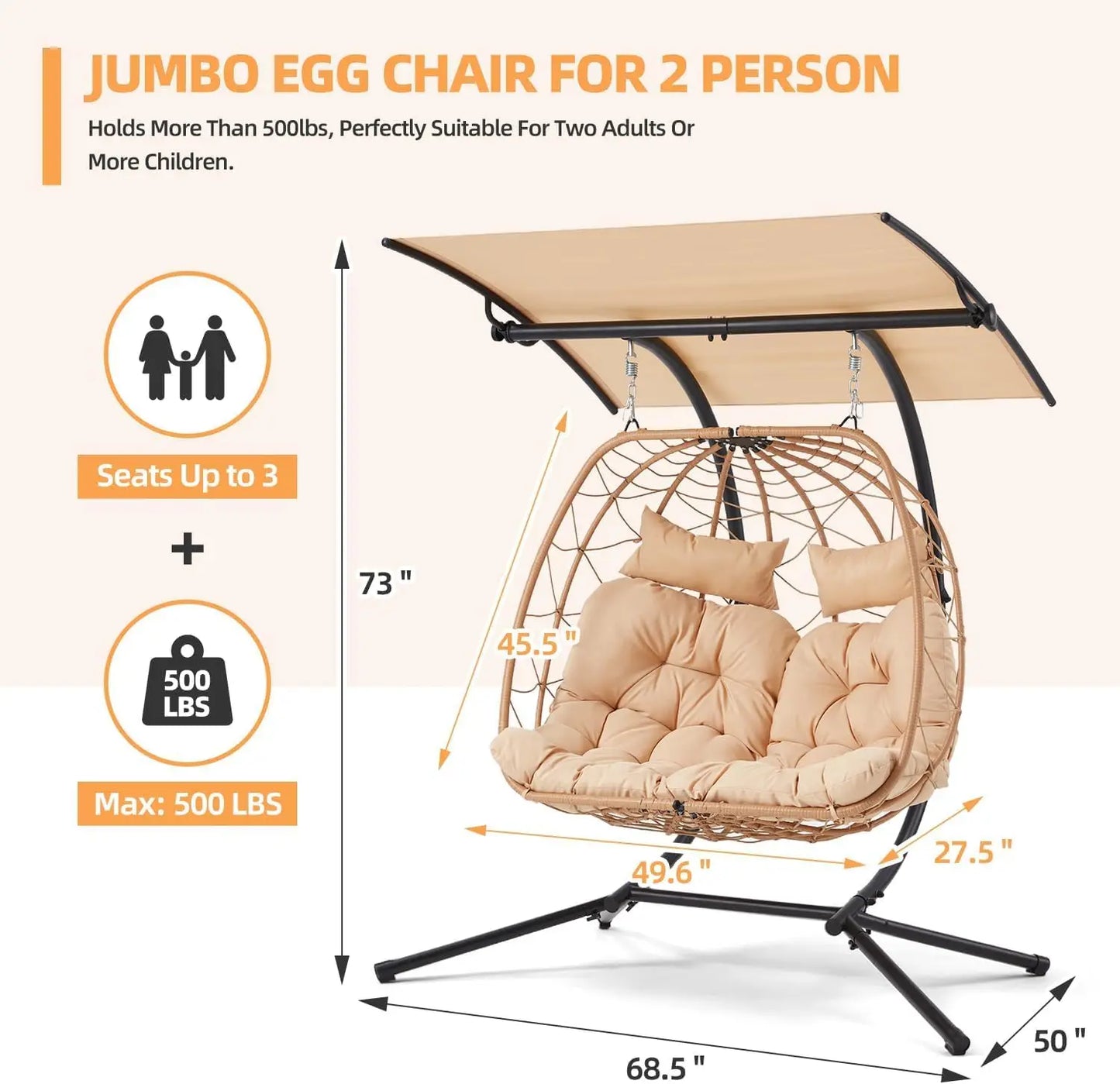 YOLENY Double Egg Chair With Adjustable Canopy Patio Swing
