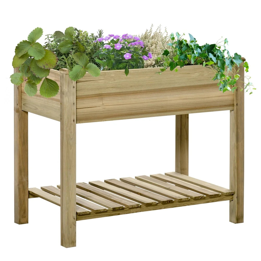 XMSJ Elevated Wooden Garden Bed Planter With Storage Shelf