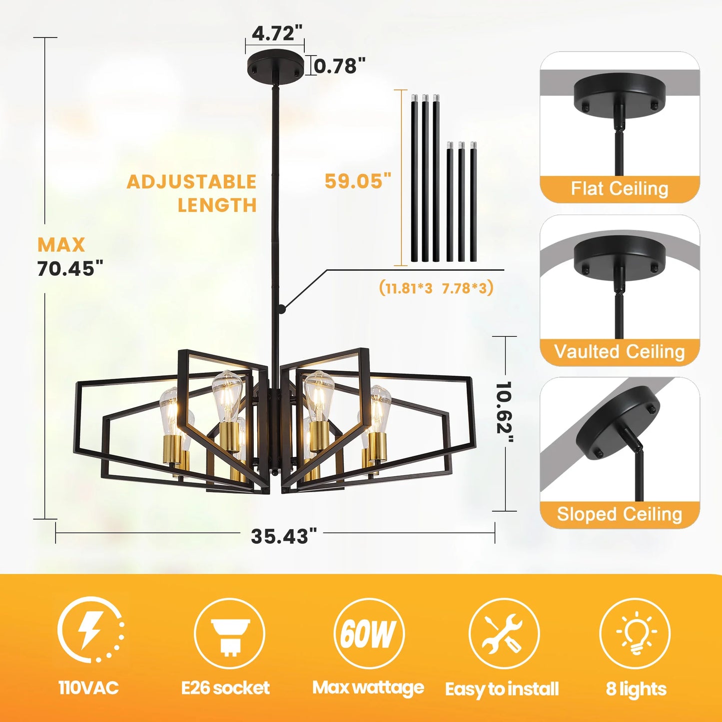 Geometric Eight Light Chandelier With Adjustable Height