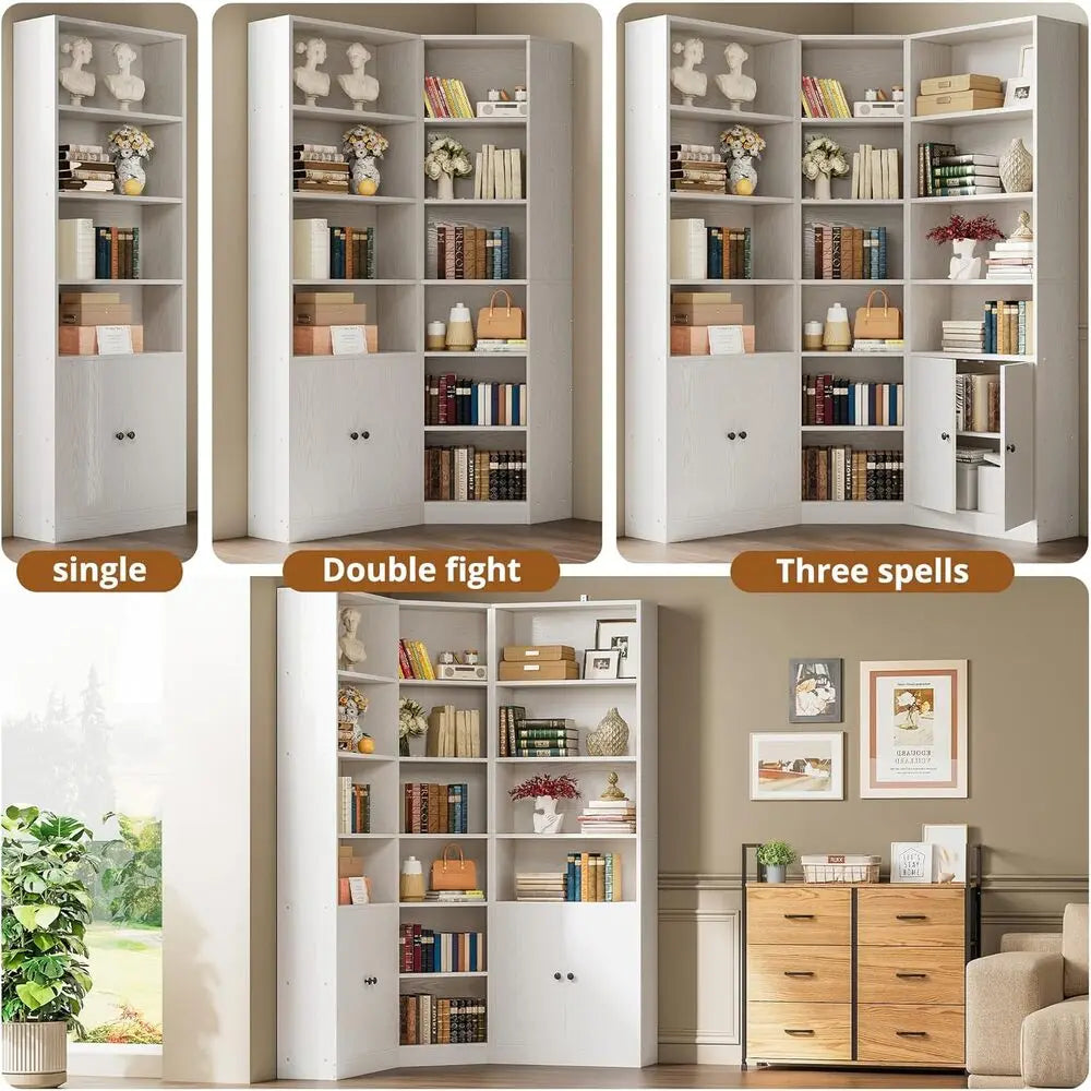 IRONCK Corner Bookshelf With 2 Storage Cabinets And 7-Tier Shelves