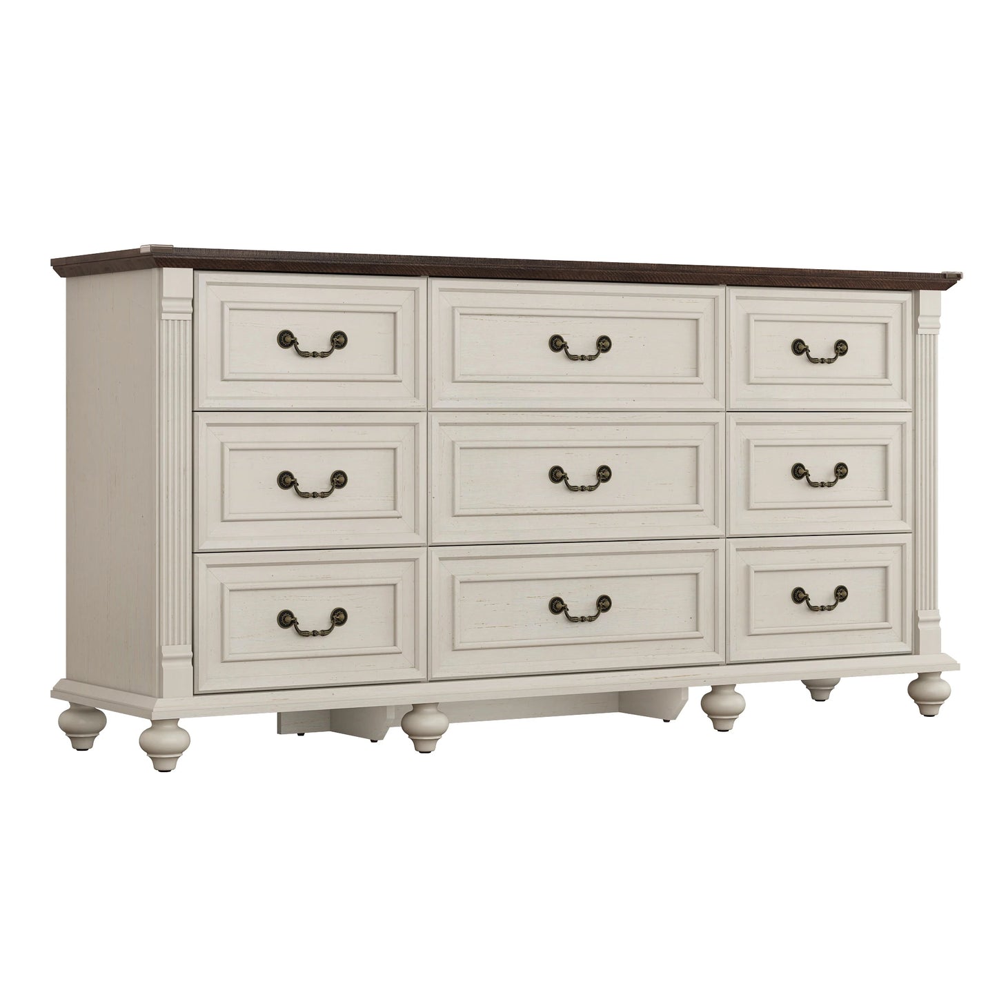 Farmhouse 9 Drawers Dresser for Bedroom with 6 Gourd Feet and Roman column decor, 63in Wide Wood Country Rustic Chest of Drawers