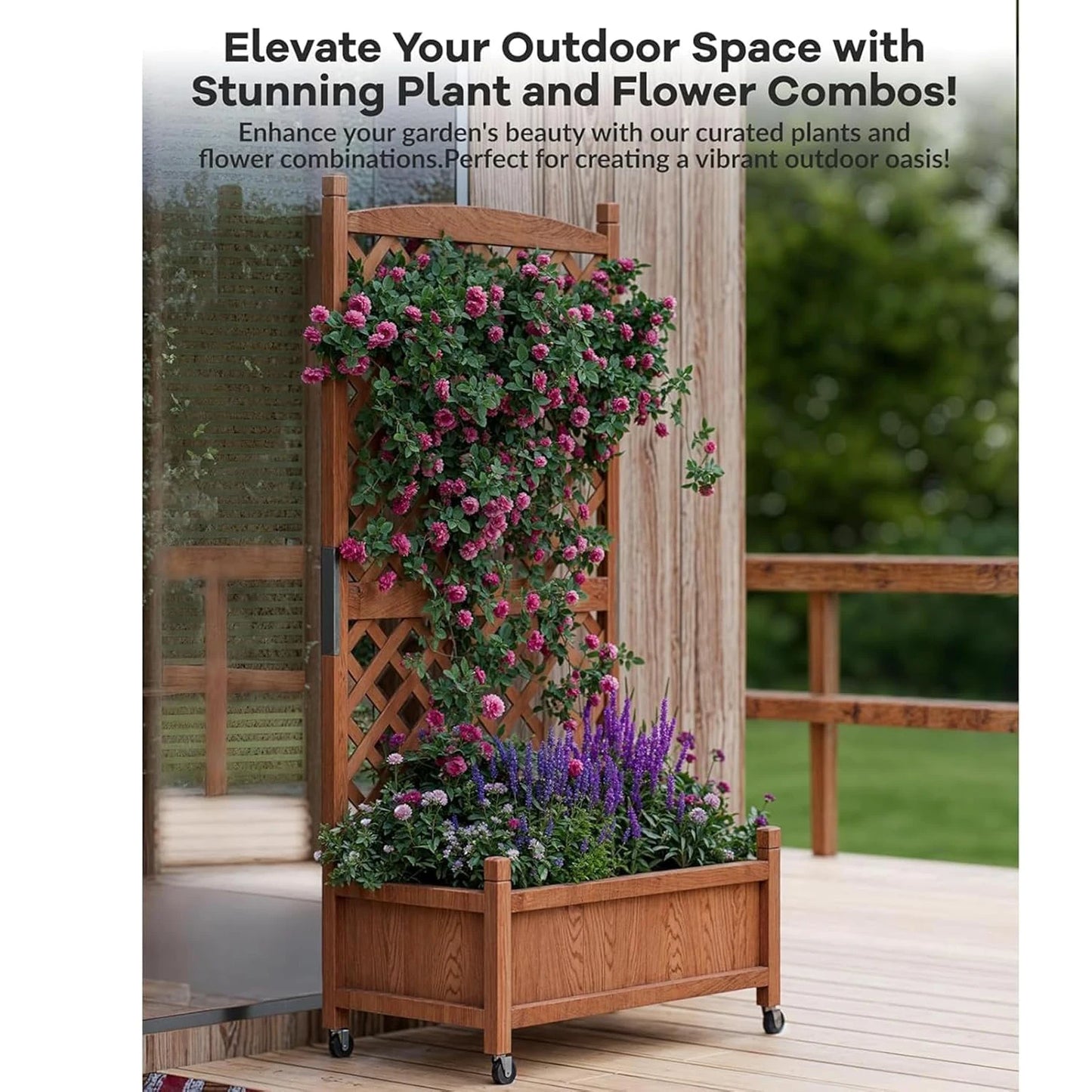 HiMISS Wood Raised Garden Bed With Trellis And Wheels