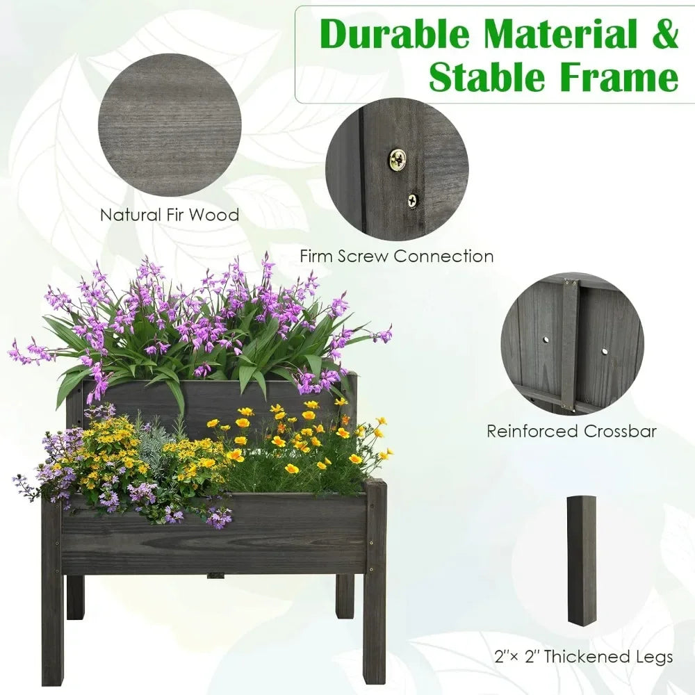 JIAOYING Two Tier Raised Garden Bed Fir Wood Planter