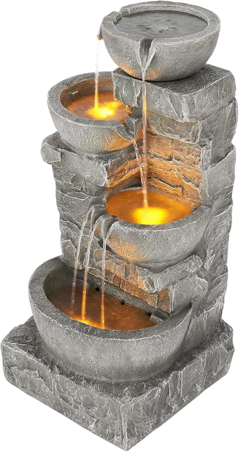 LED Outdoor Water Fountain With Cascading Bowls And Stones