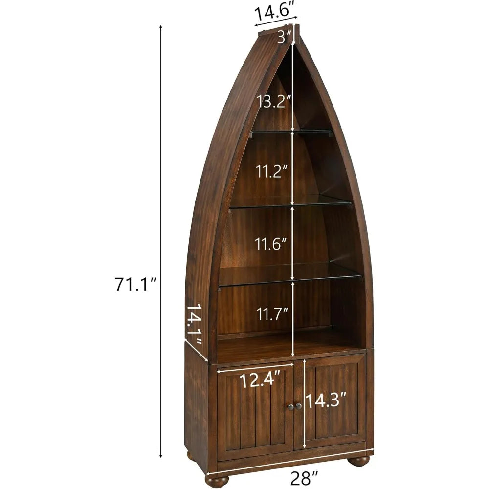 5-Tier Wooden Boat-Shaped Bookcase With Glass Shelves