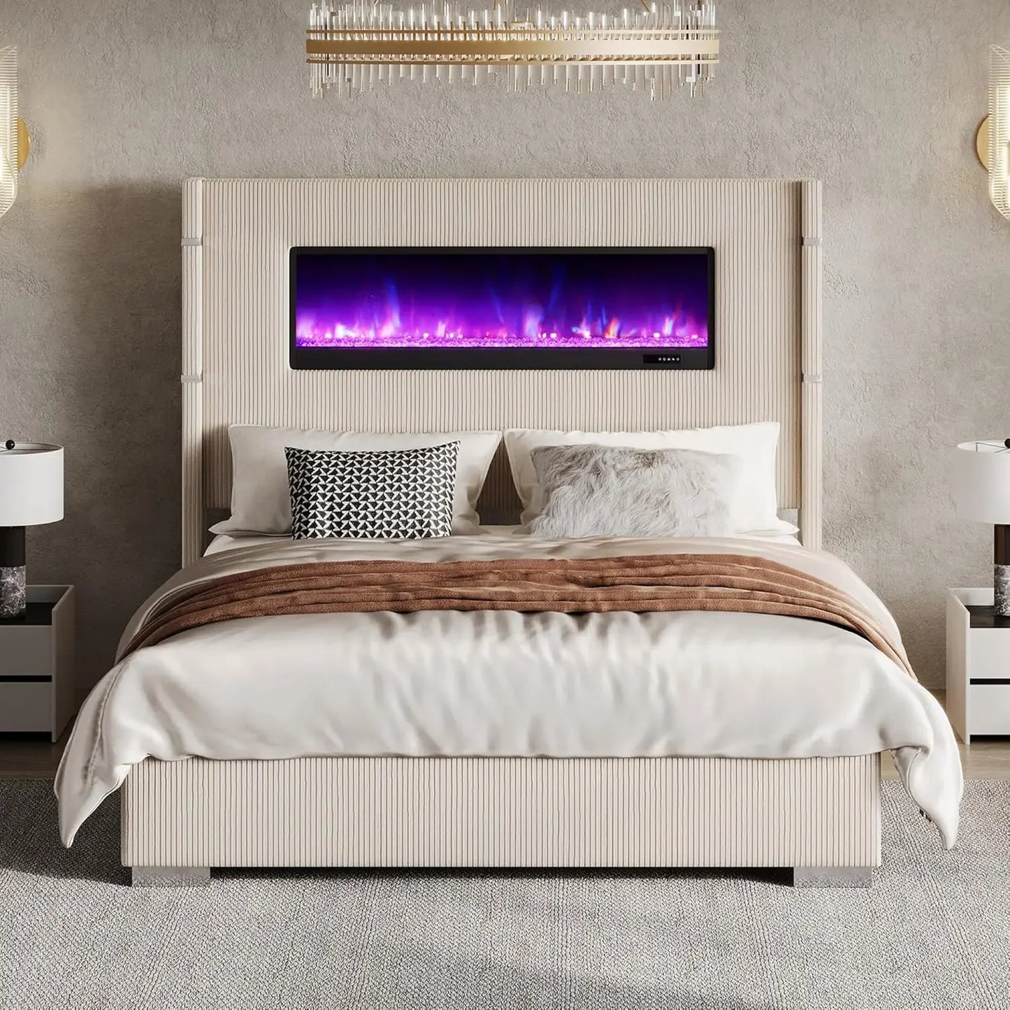 Hign-concerned Wingback Bed Frame with Fireplace and Wooden Slats