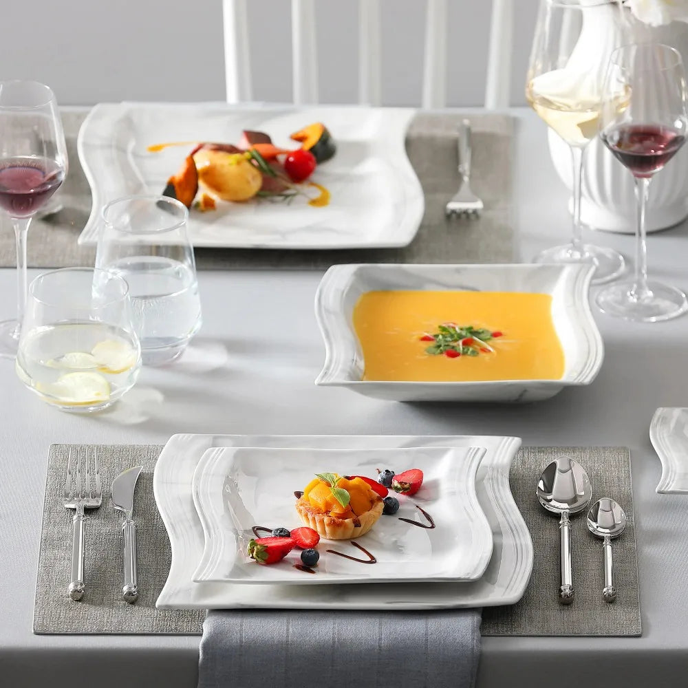 MALACASA FLORA Marble Porcelain Dinnerware Set 30 Piece Tableware with 6PCS Dinner Plate Dessert Plate Soup Plate Cups