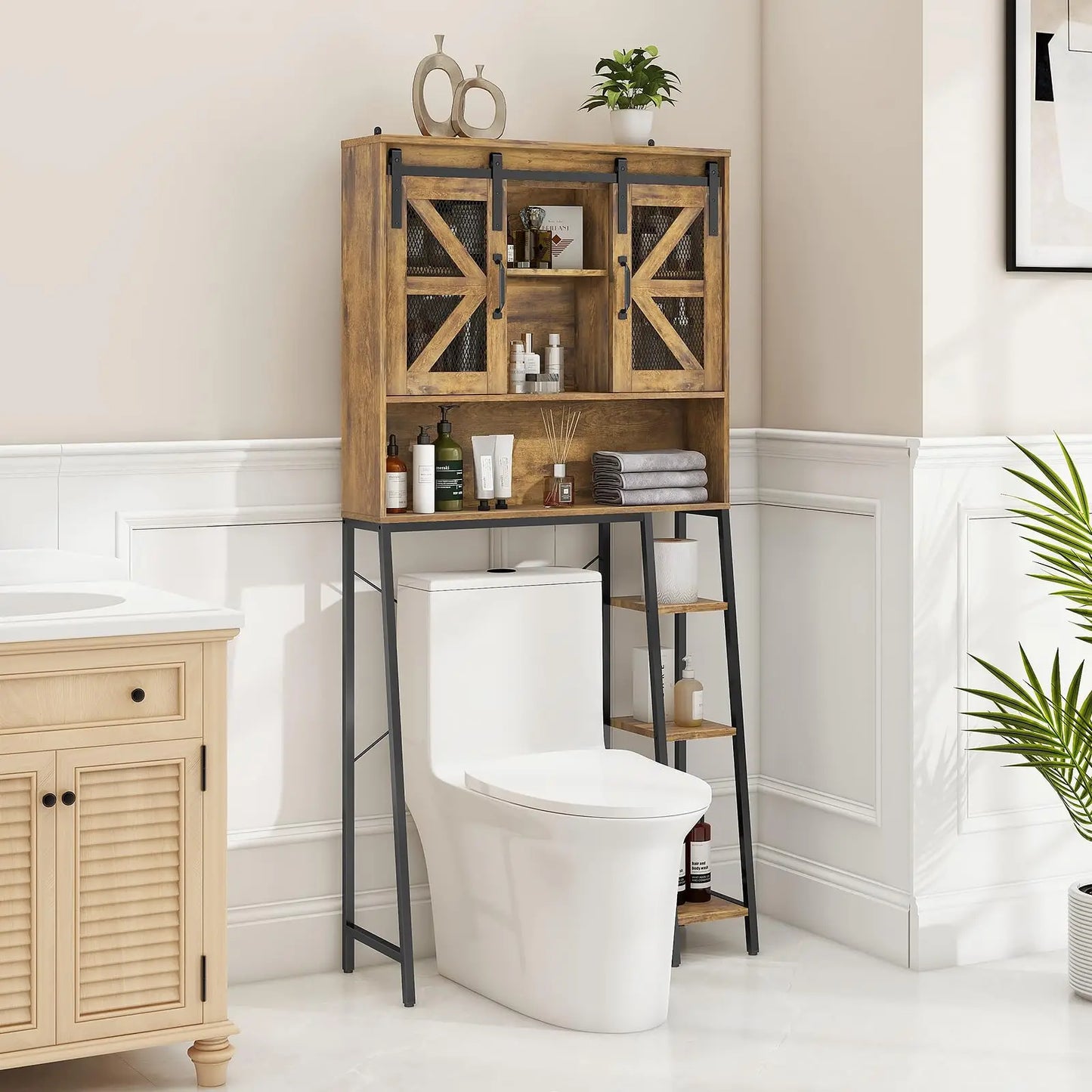 Vabches Over the Toilet Storage Cabinet Farmhouse Bathroom Storage Cabinet with Sliding Barn Door&Metal Legs Toilet Rack Laundry