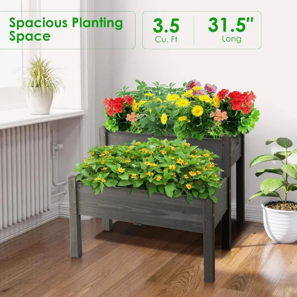 JIAOYING Two Tier Raised Garden Bed Fir Wood Planter