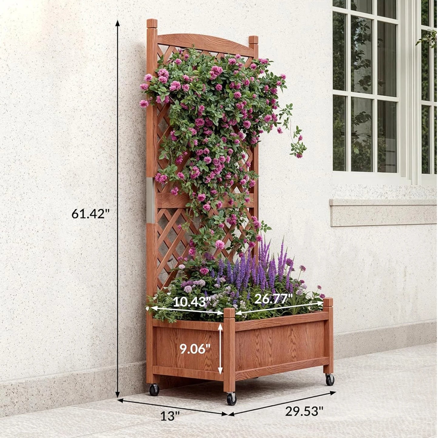 HiMISS Wood Raised Garden Bed With Trellis And Wheels