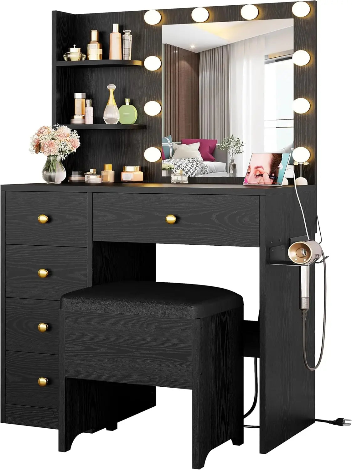 IRONCK Vanity Desk with Mirror and Lights,Small Makeup Vanity Table with 5 Drawers, Dressing Table for Women Girls Bedroom