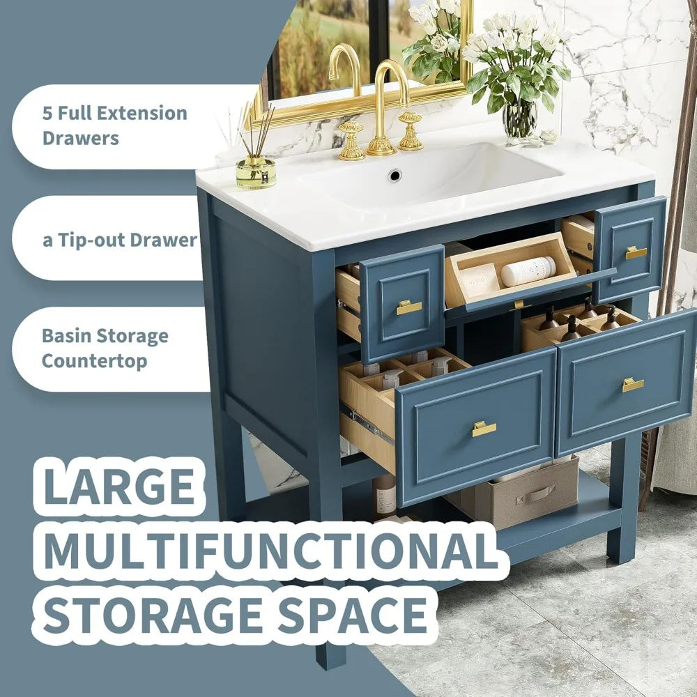 30 Inch Bathroom Vanity with Sink Combo, Modern Bathroom Storage Cabinet with 4 Drawers, 1 Pull-Out Drawer & Open Shelf, Solid W