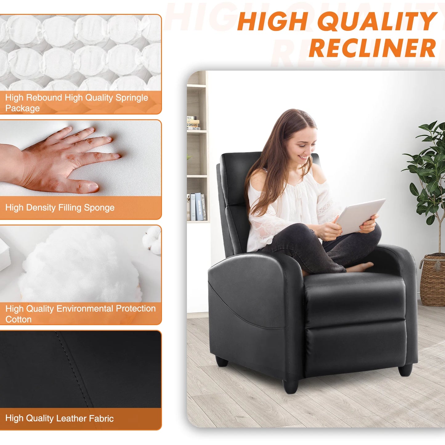 JHK Recliner Chair Massage Sofa Fabric With Lumbar Support