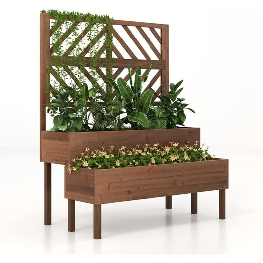 JIAOYING Raised Garden Bed With Trellis 2 Tier Planter Box