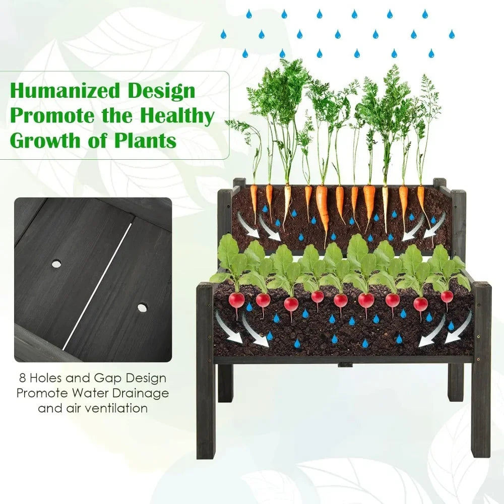 JIAOYING Two Tier Raised Garden Bed Fir Wood Planter