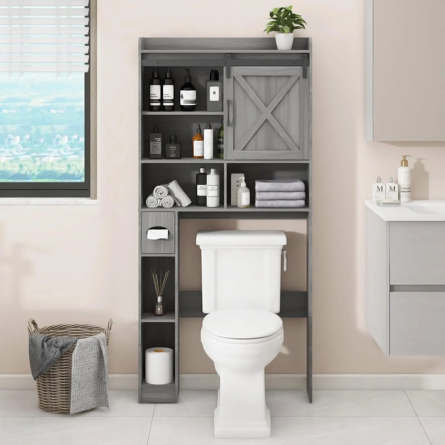 Vabches Over the Toilet Storage Cabinet Farmhouse Bathroom Organizer with Sliding Door & Toilet Paper Holder Wooden Toilet Rack