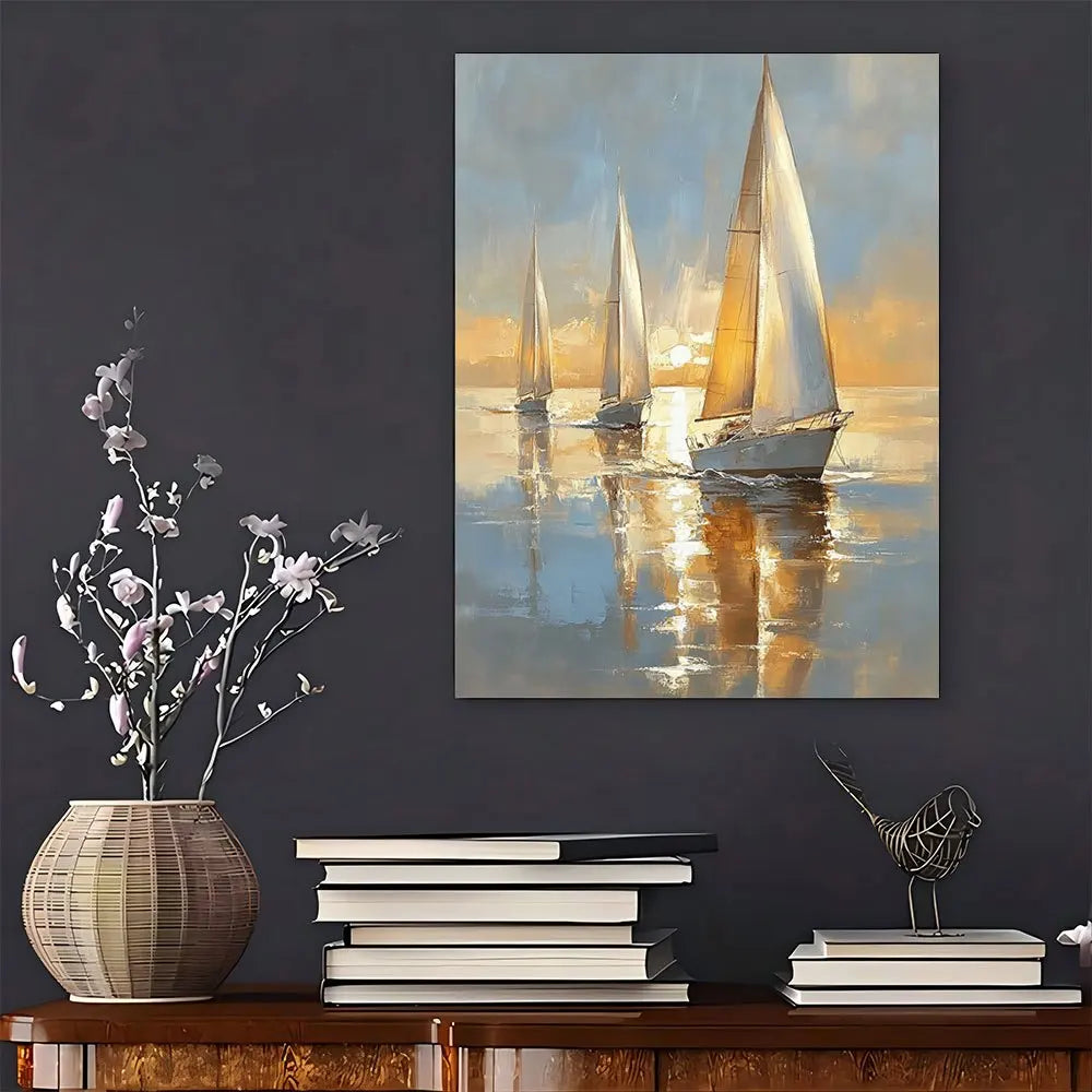 Hign-concerned Sailing Boat At Sea Wood Framed Canvas Art