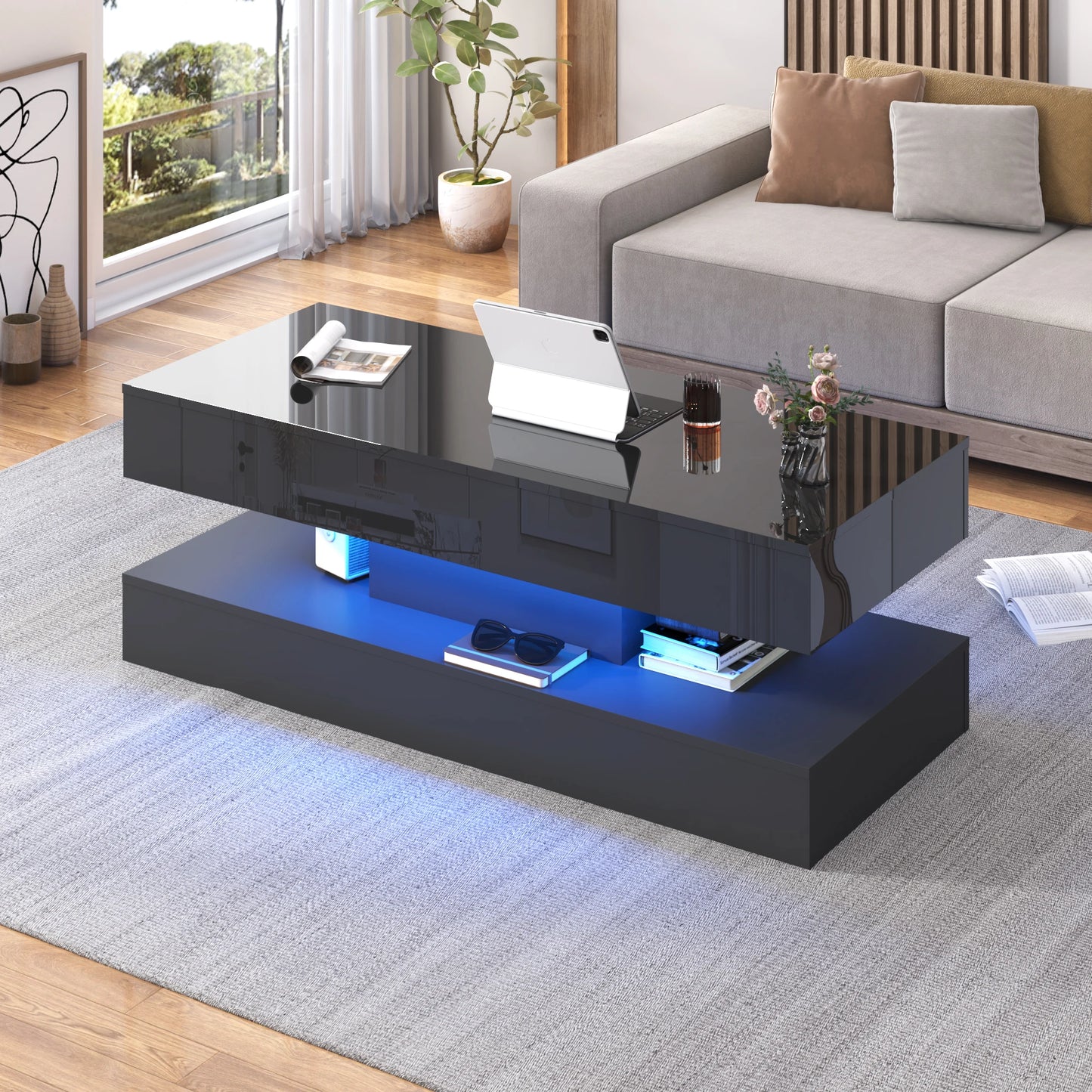 QiaoShiRen LED Coffee Table With Open Display Shelf