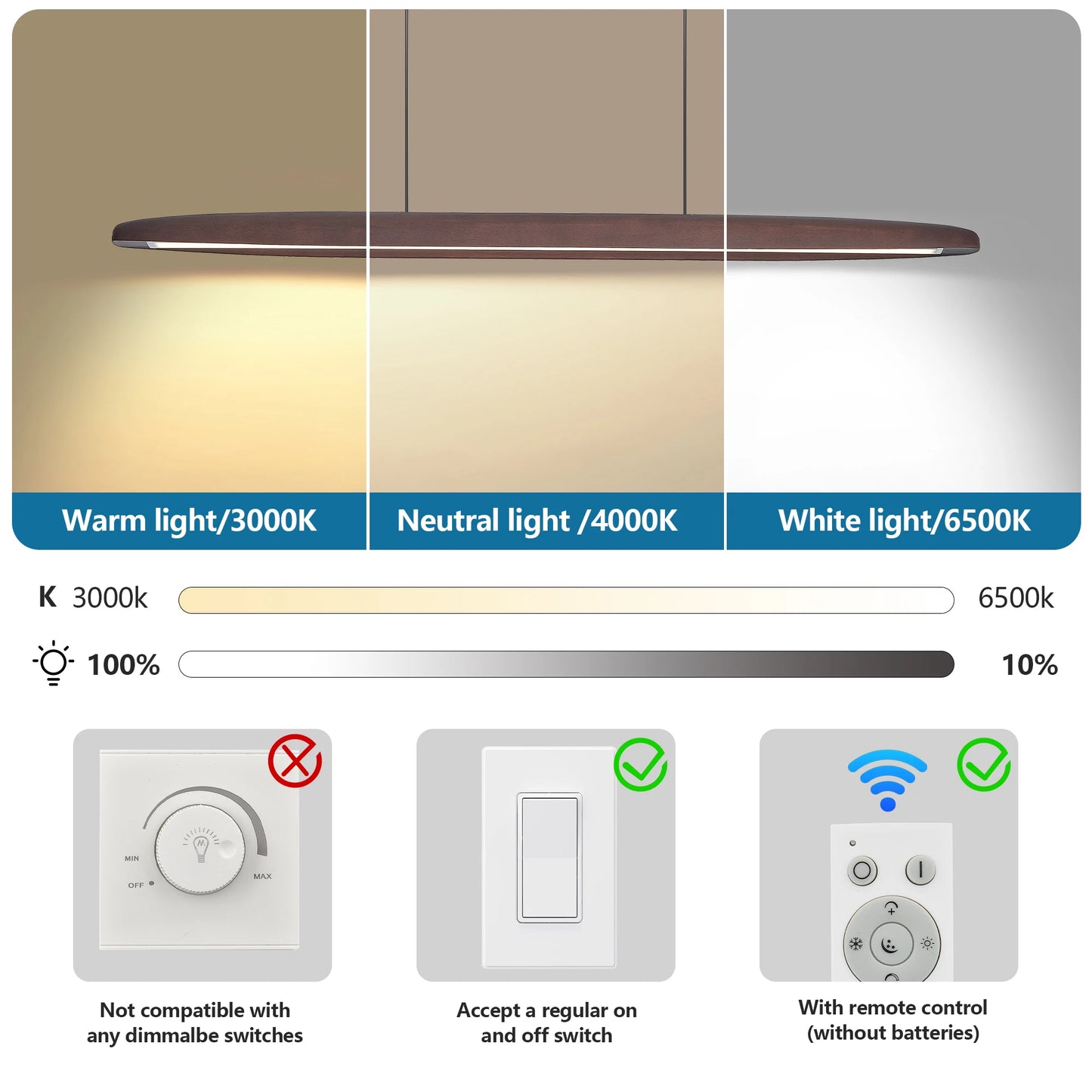 ARLGSITE Streamline Dimmable Wooden Pendant Light Fixture