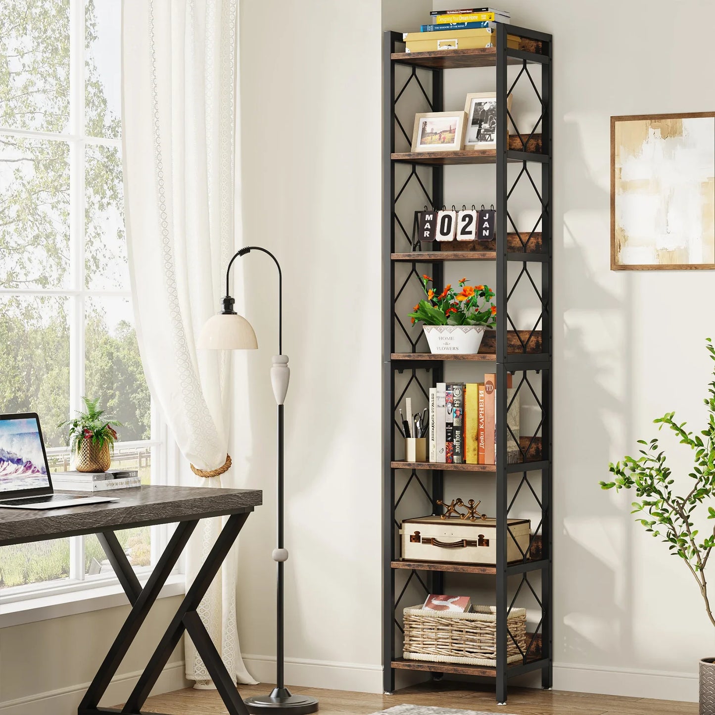 Tribesigns 7-Tier Skinny Bookshelf For Small Spaces Freestanding Display Organization