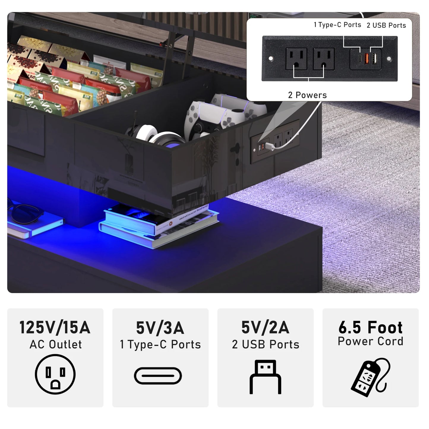 QiaoShiRen LED Coffee Table With Open Display Shelf