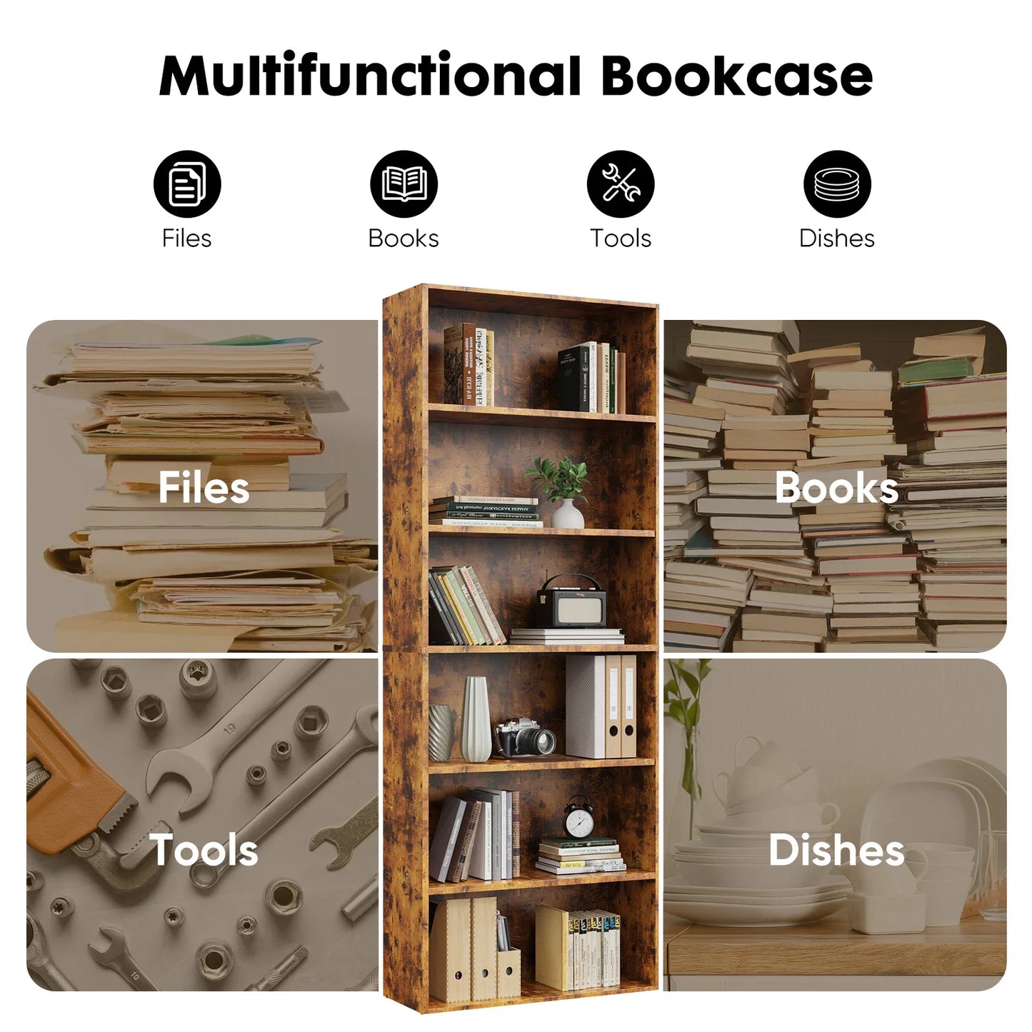 JHK 6 Tier Wooden Bookcase Floor Standing Open Bookshelf